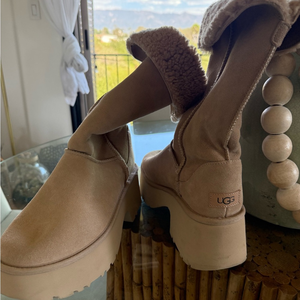 UGG tan Platform Shearling-Cuff tall Boots